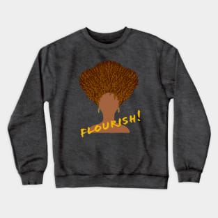 Flourish! Natural Hair Upward Curly Afro with Gold Earrings and Gold Lettering (Purple Background) Crewneck Sweatshirt